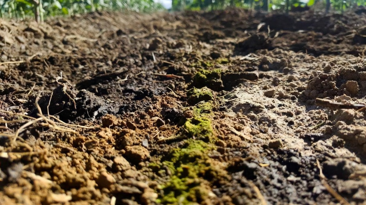 Widok na linię zielonego mchu w zaoranej glebie rolniczej, z różnymi odcieniami brązu i czerni, ilustrujący sygnały o wilgotności i składzie gleby.