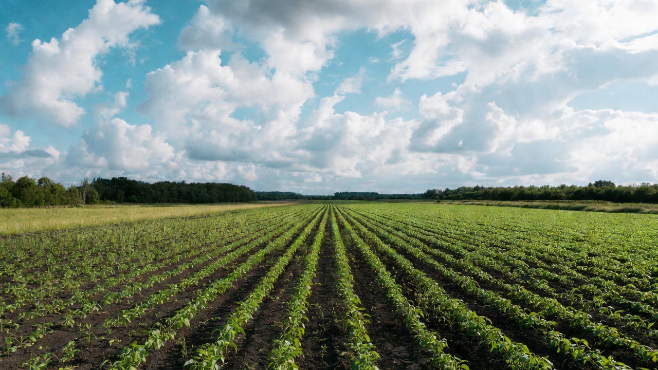 Grafika przedstawiająca zielone pole uprawne z równymi rzędami roślin pod błękitnym niebem z chmurami, ilustrująca różnice w plonach mimo identycznego nawożenia w różnych latach, z naciskiem na czynniki pogodowe, glebowe i środowiskowe w rolnictwie.