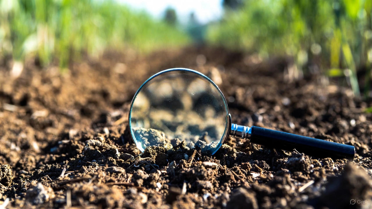 Lupa leżąca na uprawnej glebie w polu z zielonymi roślinami w tle, powiększająca fragment ziemi, ilustrująca badanie gleby w kontekście rolniczym.