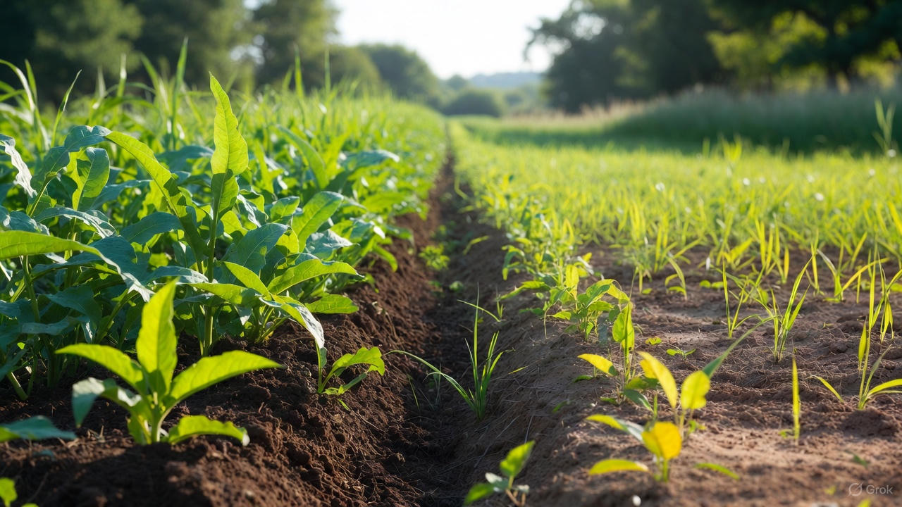 Widok z bliska na podzielone pole uprawne, z lewej strony gęste, zdrowe rośliny, z prawej strony rzadsze, żółknące sadzonki.
