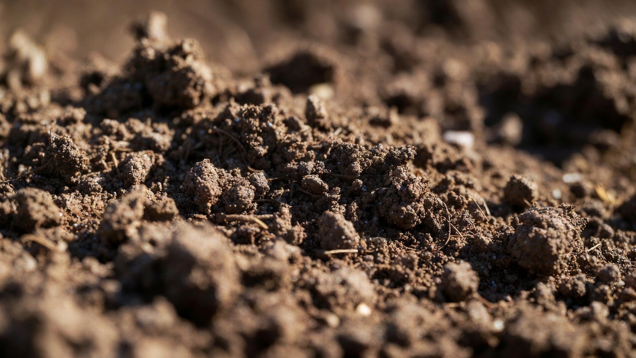 Zbliżenie na kupkę urodzajnej gleby z organicznymi elementami w naturalnym otoczeniu.