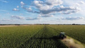 Zdjęcie lotnicze zielonego pola z rzędami upraw, na którym traktor porusza się, wzbijając kurz, pod błękitnym niebem z chmurami